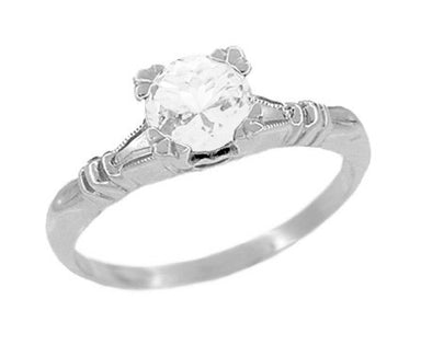 Art Deco Hearts and Clovers White Topaz Solitaire Promise Ring in Sterling Silver