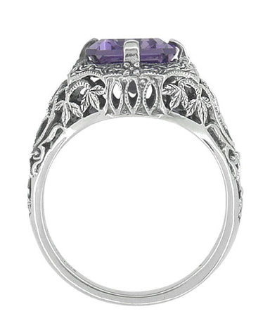 Art Deco Flowers and Leaves Emerald Cut Lilac Amethyst Filigree Ring in Sterling Silver - alternate view