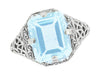 Art Deco Rectangular Blue Topaz Filigree Ring in Sterling Silver