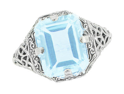 Art Deco Rectangular Blue Topaz Filigree Ring in Sterling Silver - Item: SSR16BT - Image: 3