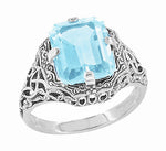 Art Deco Rectangular Blue Topaz Filigree Ring in Sterling Silver