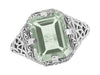 Art Deco Flowers and Leaves Emerald Cut Prasiolite ( Green Amethyst ) Filigree Ring in Sterling Silver