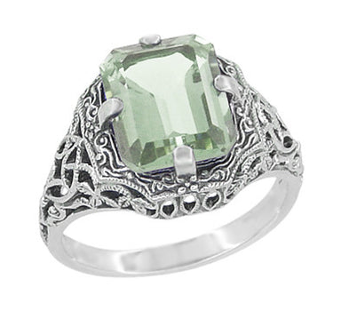 Art Deco Flowers and Leaves Emerald Cut Prasiolite ( Green Amethyst ) Filigree Ring in Sterling Silver