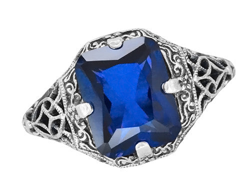 Vintage Radiant Cut Blue Sapphire Filigree Ring in Sterling Silver