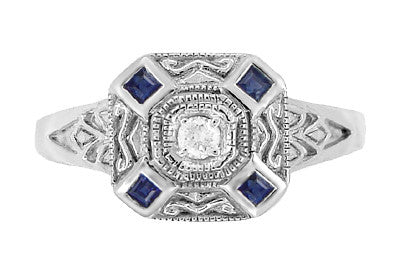Art Deco Square Sapphires and Diamond Engraved Ring in Sterling Silver - Item: SSR17 - Image: 2