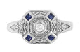 Art Deco Square Blue Sapphires and White Sapphire Engraved Promise Ring in Sterling Silver
