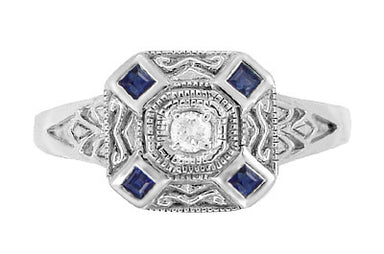 Art Deco Square Blue Sapphires and White Sapphire Engraved Promise Ring in Sterling Silver - alternate view