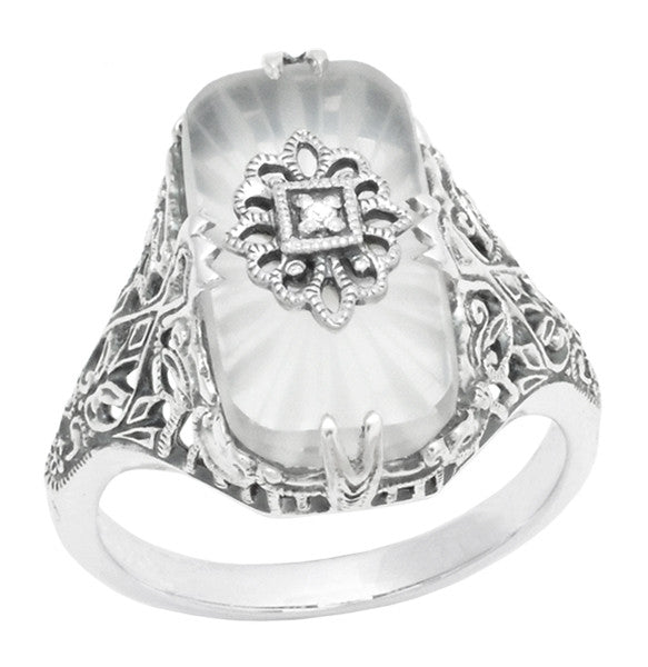 Art Deco Vintage Filigree Sun Ray Crystal and Diamond Right Hand Cocktail Ring in Sterling Silver - Item: SSR18C - Image: 2