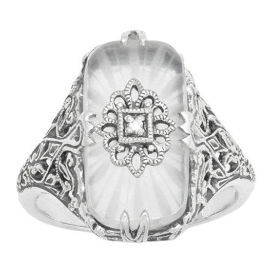 Art Deco Vintage Filigree Sun Ray Crystal and Diamond Right Hand Cocktail Ring in Sterling Silver