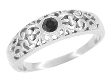 Edwardian Vintage Scroll Filigree Black Diamond Promise Ring in Sterling Silver