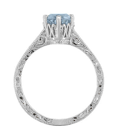 Art Deco Sterling Silver Antique Sky Blue Topaz Crown Promise Ring - Filigree Scroll Engraved - Item: SSR199BT - Image: 5