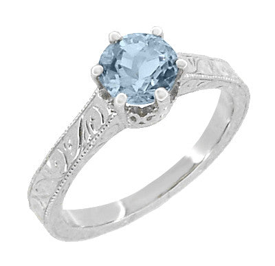 Art Deco Sterling Silver Antique Sky Blue Topaz Crown Promise Ring - Filigree Scroll Engraved - Item: SSR199BT - Image: 2