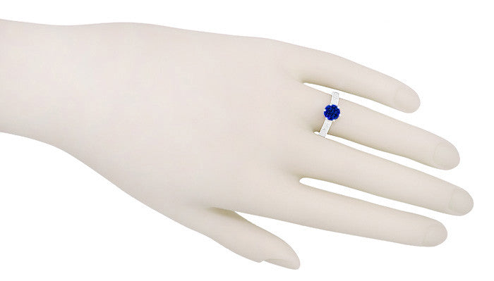 Crown Filigree Scrolls Art Deco Lab Created Blue Sapphire Promise Ring in Sterling Silver - Item: SSR199S - Image: 6