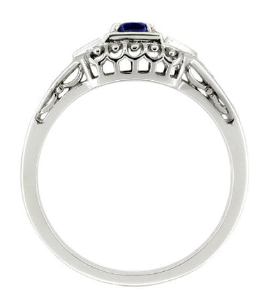 Art Deco Filigree Blue Sapphire Promise Ring in Sterling Silver with Side Diamonds - alternate view