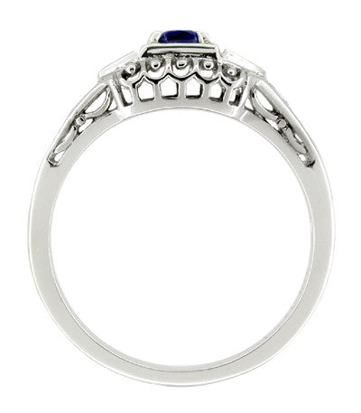 Art Deco Filigree Blue Sapphire Promise Ring in Sterling Silver with Side Diamonds - Item: SSR228 - Image: 2