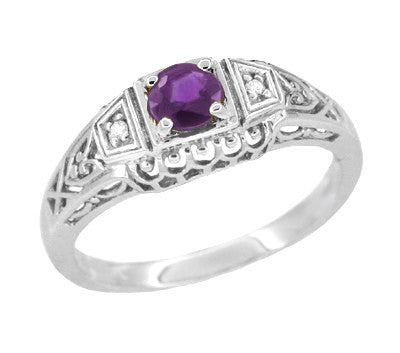 Art Deco Amethyst and Diamonds Filigree Antique Style Promise Ring in Sterling Silver