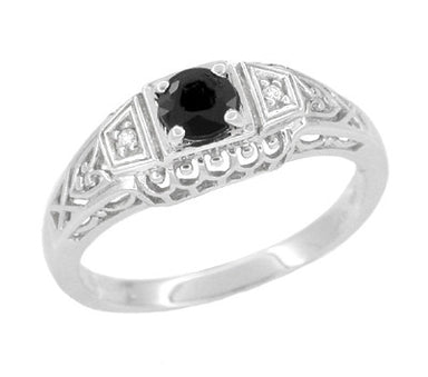 Art Deco Vintage Style Black Diamond Promise Ring in Sterling Silver