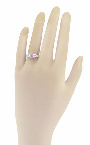 Art Deco Pink Sapphire and Diamonds Filigree Promise Ring in Sterling Silver - Item: SSR228PS - Image: 3