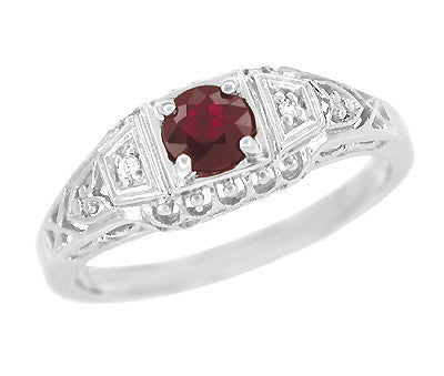 Art Deco Filigree Ruby Promise Ring in Sterling Silver with Diamond Side Stones