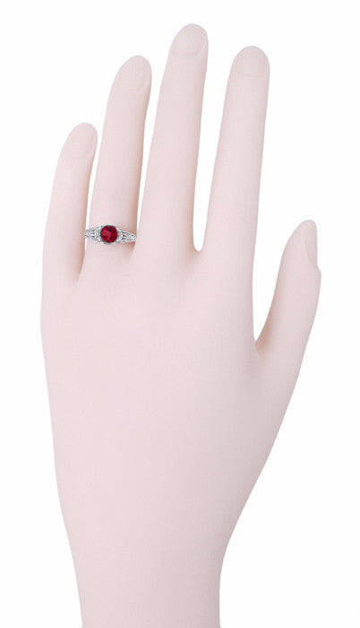 Art Deco Filigree Engraved Ruby Promise Ring in Sterling Silver - Item: SSR2R - Image: 3