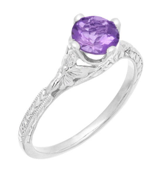 Art Deco Lilac Amethyst Promise Ring in Sterling Silver with Filigree Engraved Flowers - Item: SSR356AM - Image: 3