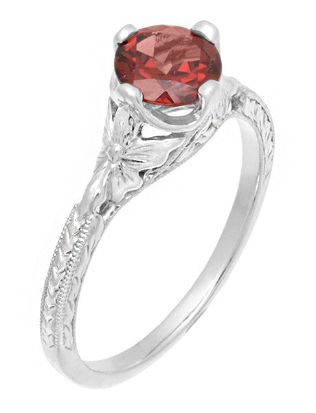 Sterling Silver Art Deco Filigree Red Garnet Promise Ring - Engraved with Flowers & Wheat - Item: SSR356G - Image: 3