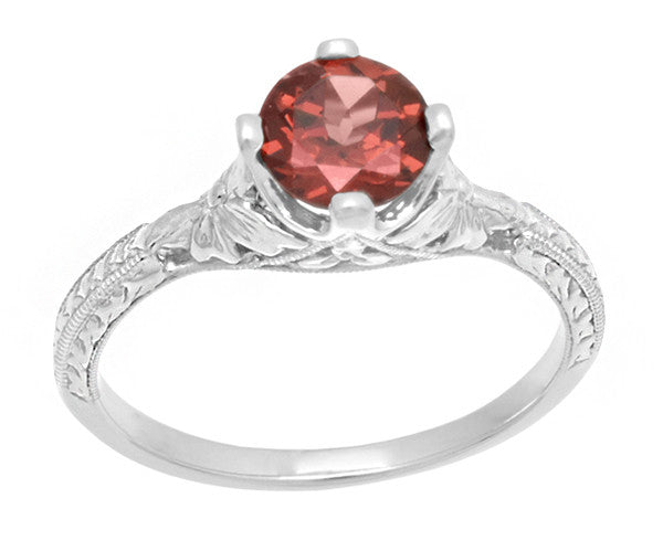 Sterling Silver Art Deco Filigree Red Garnet Promise Ring - Engraved with Flowers & Wheat - Item: SSR356G - Image: 4