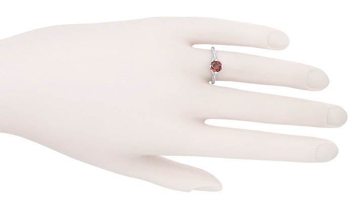 Sterling Silver Art Deco Filigree Red Garnet Promise Ring - Engraved with Flowers & Wheat - Item: SSR356G - Image: 7
