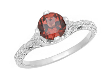 Sterling Silver Art Deco Filigree Red Garnet Promise Ring - Engraved with Flowers & Wheat