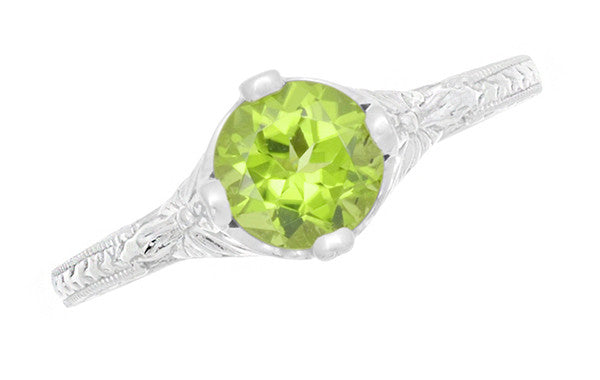 Art Deco Flowers & Wheat Engraved Peridot Promise Ring in Sterling Silver | Vintage Replica - Item: SSR356P - Image: 6