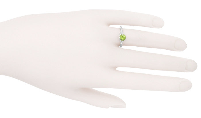 Art Deco Flowers & Wheat Engraved Peridot Promise Ring in Sterling Silver | Vintage Replica - Item: SSR356P - Image: 8