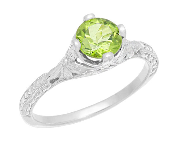 Art Deco Flowers & Wheat Engraved Peridot Promise Ring in Sterling Silver | Vintage Replica - Item: SSR356P - Image: 2