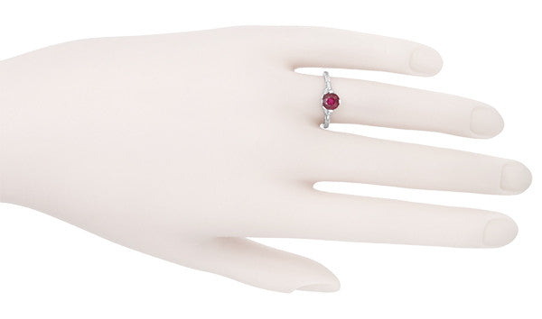 Carved Flowers Antique Inspired Filigree Art Deco Ruby Promise Ring in Sterling Silver - Item: SSR356R - Image: 7