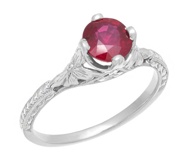 Carved Flowers Antique Inspired Filigree Art Deco Ruby Promise Ring in Sterling Silver - Item: SSR356R - Image: 2