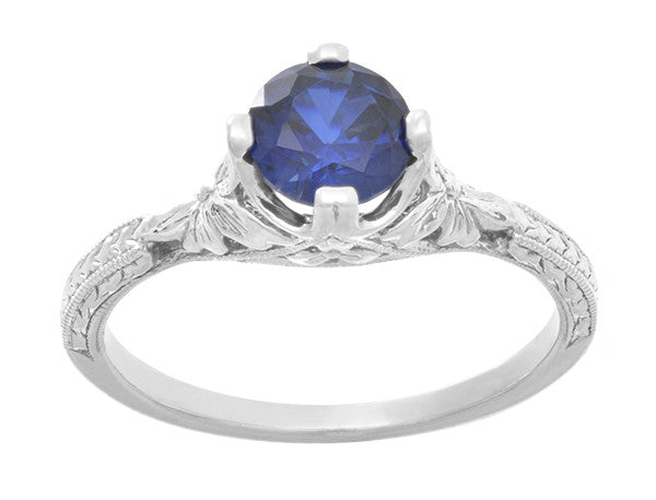 Art Deco Floral Filigree Lab Created Blue Sapphire Promise Ring in Sterling Silver - Item: SSR356S - Image: 4