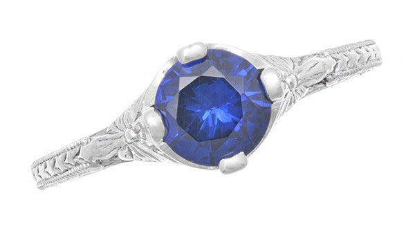 Art Deco Floral Filigree Lab Created Blue Sapphire Promise Ring in Sterling Silver - Item: SSR356S - Image: 5