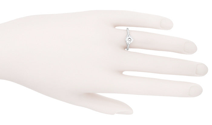Engraved Flowers Art Deco Filigree White Topaz Promise Ring in Sterling Silver - Item: SSR356WT - Image: 5