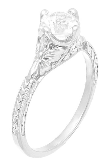 Engraved Flowers Art Deco Filigree White Topaz Promise Ring in Sterling Silver - alternate view
