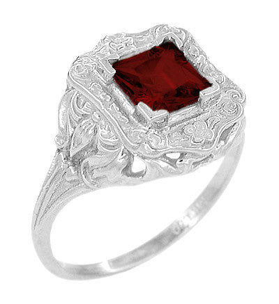Princess Cut Garnet Art Nouveau Promise Ring in Sterling Silver