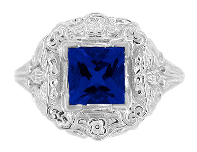 Art Nouveau Princess Cut Sapphire Ring in Sterling Silver - Item: SSR615S - Image: 5