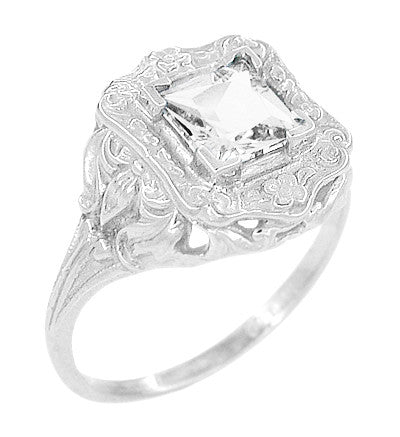 Art Nouveau Antique Style Square White Topaz Ring in Sterling Silver - Item: SSR615WT - Image: 2
