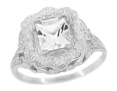 Art Nouveau Antique Style Square White Topaz Ring in Sterling Silver