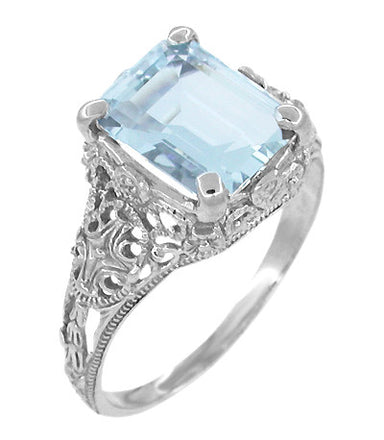Edwardian Filigree Emerald Cut Blue Topaz Ring in Sterling Silver - alternate view