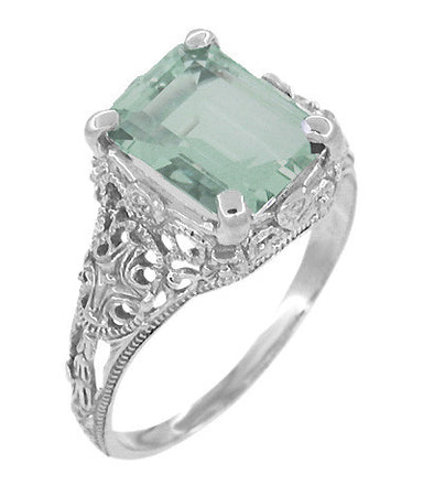 Edwardian Filigree Emerald Cut Prasiolite ( Green Amethyst ) Ring in Sterling Silver - alternate view