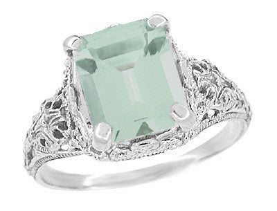 Edwardian Filigree Emerald Cut Prasiolite ( Green Amethyst ) Ring in Sterling Silver