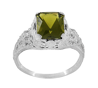 Edwardian Filigree Radiant Cut Olive Green Peridot Ring in Sterling Silver | 3.5 Carats - Item: SSR618PER - Image: 3