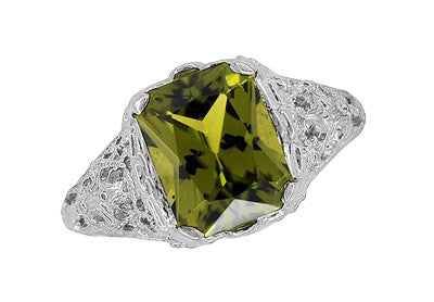 Edwardian Filigree Radiant Cut Olive Green Peridot Ring in Sterling Silver | 3.5 Carats - Item: SSR618PER - Image: 4
