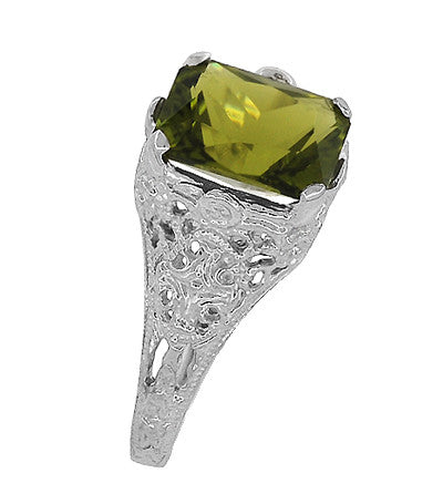 Edwardian Filigree Radiant Cut Olive Green Peridot Ring in Sterling Silver | 3.5 Carats - Item: SSR618PER - Image: 6