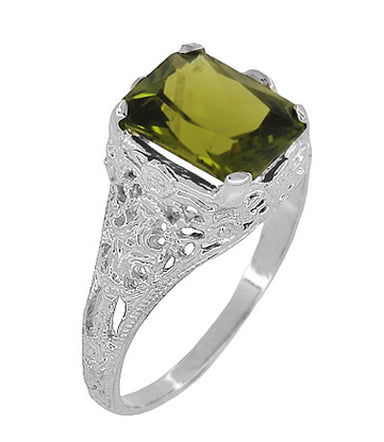 Edwardian Filigree Radiant Cut Olive Green Peridot Ring in Sterling Silver | 3.5 Carats - alternate view