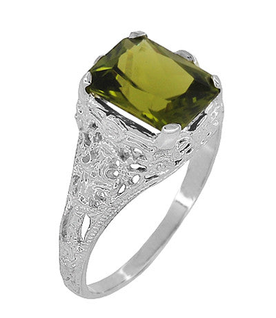 Edwardian Filigree Radiant Cut Olive Green Peridot Ring in Sterling Silver | 3.5 Carats - Item: SSR618PER - Image: 2